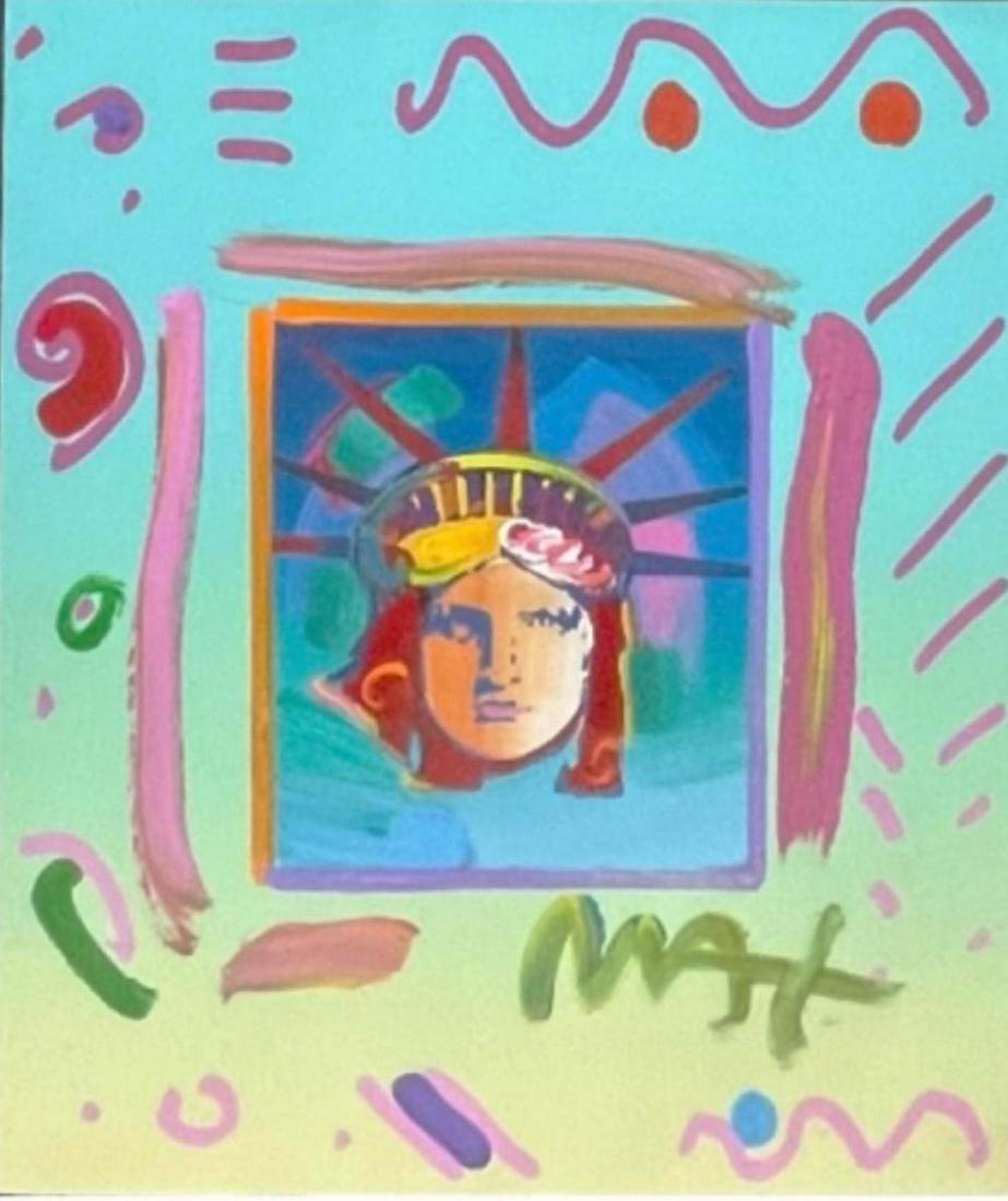 Peter Max, "Liberty Head II" Mixed media on paper,: Peter Max "Liberty Head II Unique 14x11" Works on Paper (not prints) : Mixed Media on Paper Size : 11x9 in | 28x23 cm Framed : 14x11 in | 36x28 cm Hand Signed : Signed Lower Right Condition : Excellen
