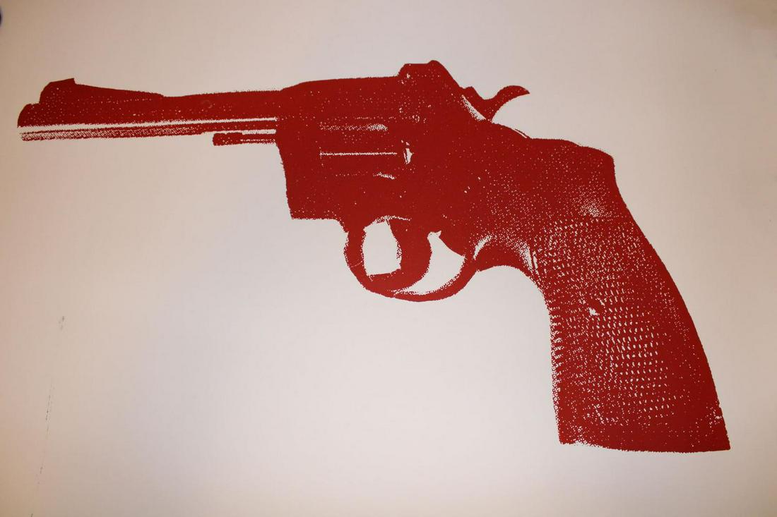 Russell Young, Red revolver, 2008, Screen print, Signed: Artist: Russell Young (British, born 1959) Title: Red revolver, 2008 Medium: serigraph / screenprint Size: 40 x 55 in. (101.6 x 139.7 cm.) Edition: unique. Pencil signed and thumb print on the verso