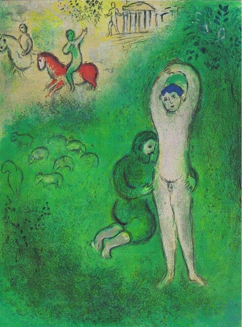Marc Chagall Daphnis and Chloe original Lithograph 1977: Marc Chagall, Daphnis and Chloe, Being offered is a beautiful Vintage Color Lithograph, Publisher: George Braziller, Printed In: West Germany, Copyright Info: Les Editions, 1961 Verve, Paris, Publishe