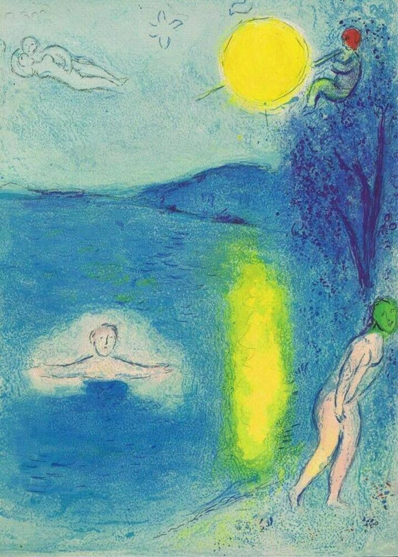 Marc Chagall Daphnis and Chloe original Lithograph 1977: Marc Chagall, Daphnis and Chloe, Being offered is a beautiful Vintage Color Lithograph, Publisher: George Braziller, Printed In: West Germany, Copyright Info: Les Editions, 1961 Verve, Paris, Publishe