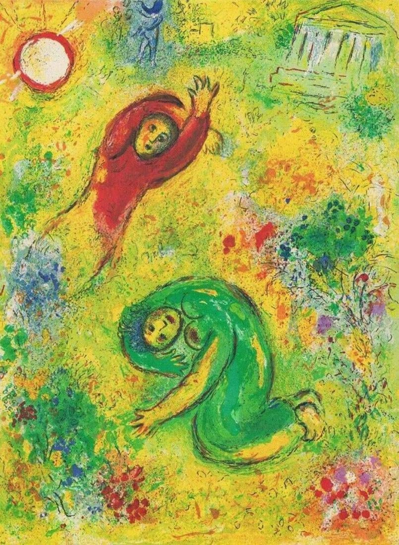 Marc Chagall Daphnis and Chloe original Lithograph 1977: Marc Chagall, Daphnis and Chloe, Being offered is a beautiful Vintage Color Lithograph, Publisher: George Braziller, Printed In: West Germany, Copyright Info: Les Editions, 1961 Verve, Paris, Publishe