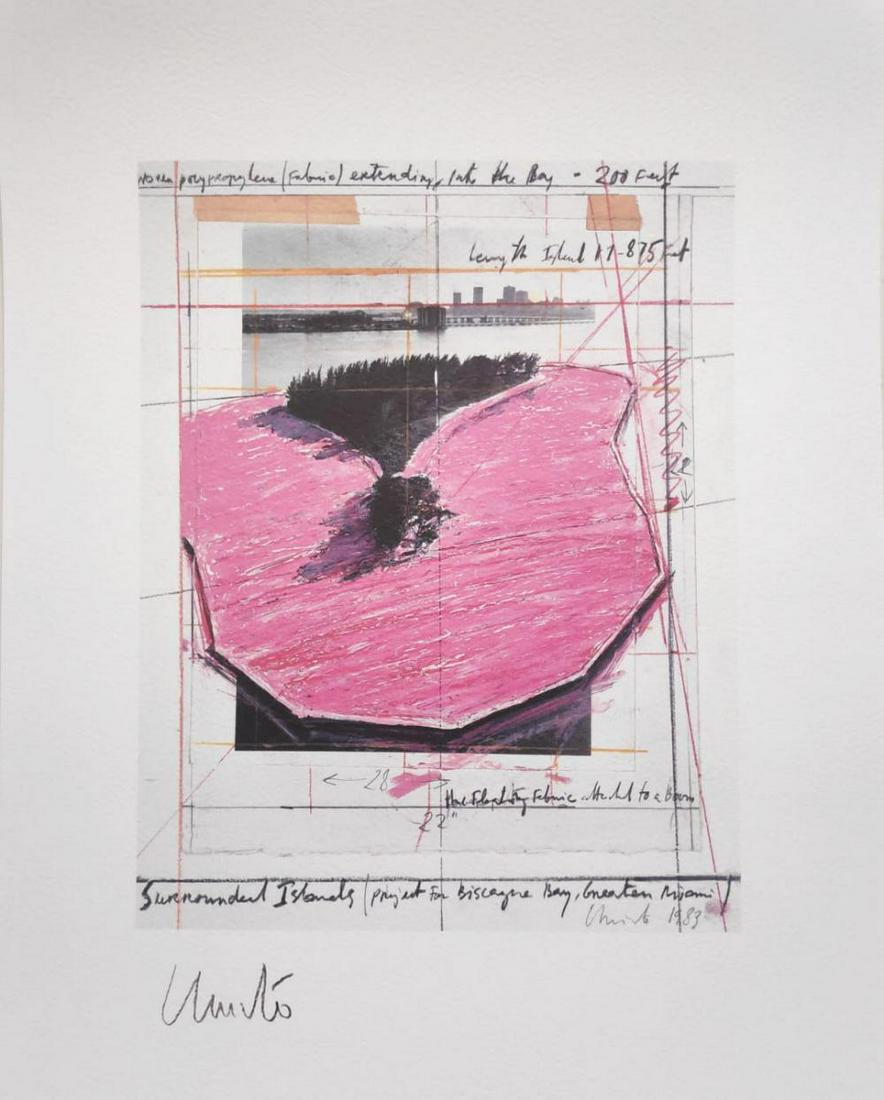 Christo and Jeanne-Claude - Surrounded Islands Signed: Artist Name: Christo, Javacheff Title: Surrounded Islands, Project for Biscane Bay, Greater Miami, Collage Medium: Offset Lithograph Edition Size: Limited Year: 1983 Paper Size: 16.5 x 12.5 inches. Si