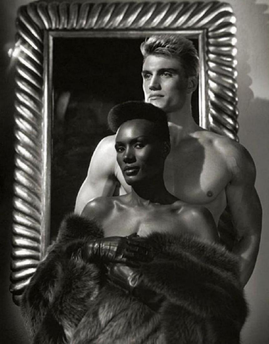 GEORGE HURRELL - Grace Jones and Dolph Lundgren - 1984: Photographer: GEORGE HURRELLSubject: Grace Jones and Dolph Lundgren - art decoDate Of Negative: 1984Type Of Print: Vintage Photogravure.Date Of Print: 1990 Paper: Medium weight, satin/matte finishPrin