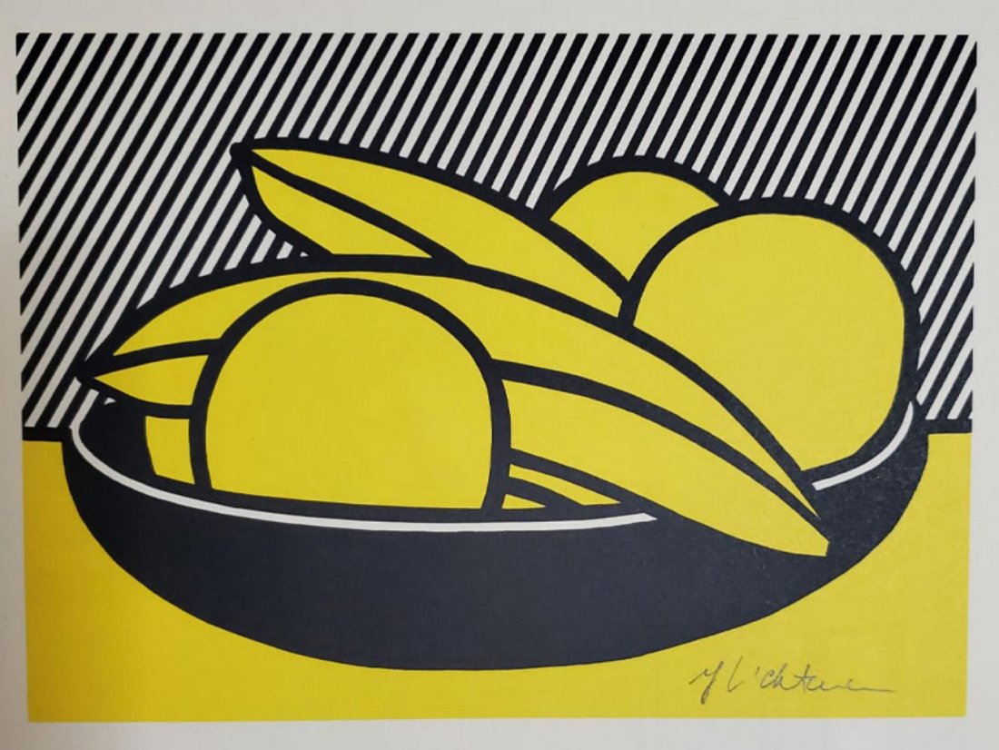 Bananas and Grapefruit, 1972 by Roy Lichtenstein signed: Bananas and Grapefruit, 1972 by Roy Lichtenstein, Hand signed offset lithograph (bookpage) size aprrox.: 10x12 inch. Frame approx.: 16x18 inch