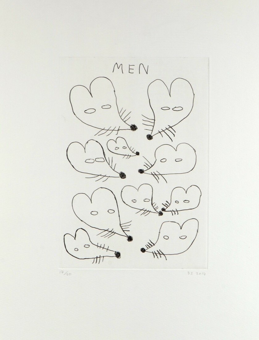David Shrigley "Men" Etching Signed Ed. 17/20 Framed: . David Shrigley. MEN. Etching. 39 x 29 cm. Framed 44.5 x 36cm. Edition 17/20. Float framed conservation style in matt black moulding. . pencil signed and numbered by the artist.