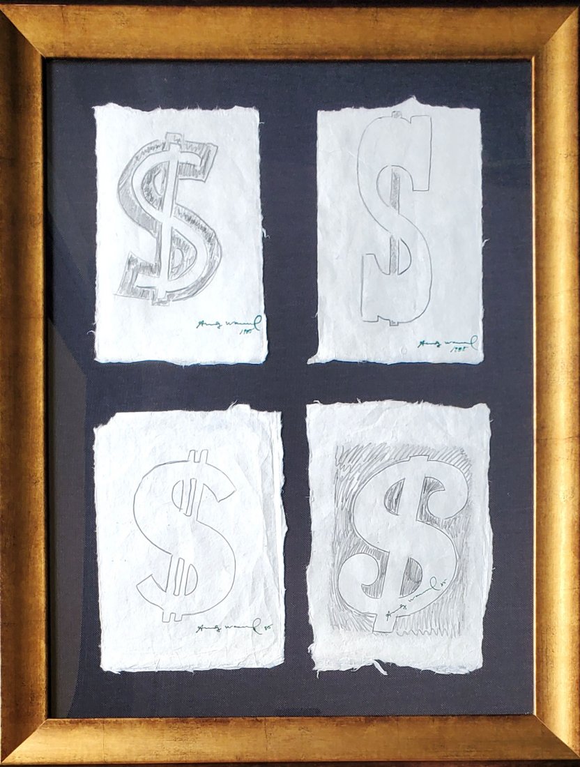 Andy Warhol, Dollar Signs 1985 Drawing W/Authentication: . Artist: Andy Warhol. Title: Dollar Signs. Medium: Drawing-Watercolor Graphite on paper. Year: 1985. Signed: Each piece is hand signed in ink. Size: Over all size of all 4 pieces are Approx.: 32" x 2