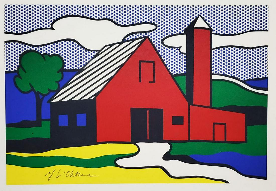 Roy Lichtenstein, Red Barn 1973 Hand signed Lithograph: Roy Lichtenstein, Red Barn 1973, Hand signed Offset lithograph book page Framed Paper size: 12 x 8.5 inch frame size approx: 16" x 12"