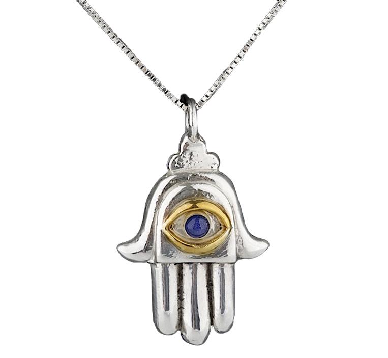 Frank Meisler, HAMSA, PENDANT / PIN: H4.6 X W3 X D1.2 cm (H1.8? X W1.1?X D0.5?) – 12gSmall Hamsa Pendant. This palm-shaped amulet, popular throughout the Middle East and North Africa, is set with Lapis lazuli at the center to ward off 