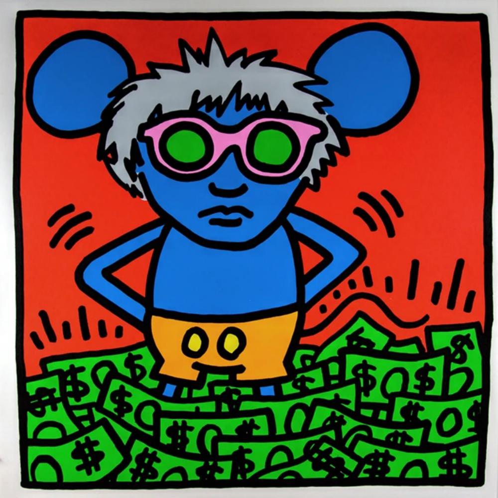 ANDY WARHOL - KEITH HARING, ANDY MOUSE I, SCREEN PRINT: ANDY WARHOL - KEITH HARING. ANDY MOUSE DOLLAR I, 1986. Silkscreen, not signed and numbered, Proof out side the edition of 30,Paper size 38 x 38 inches (96.5 x 96.5 cm) Keith Haring met Andy Warhol in