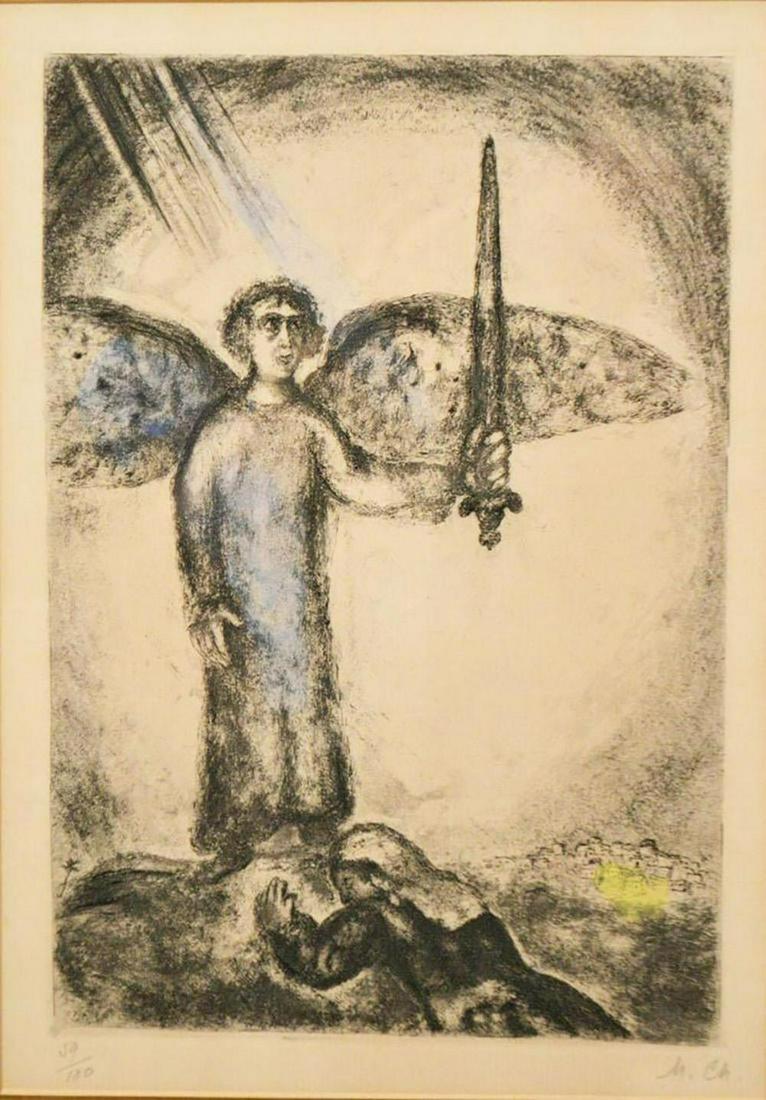 Marc Chagall "Joshua Before Angel with Sword" Signed/No: "Joshua Before Angel with Sword" by Marc Chagall Portfolio: The bible Etchings, 1975 Edition: 59/100 Size: 23" x 18.5" Framed, 13.75" H x 9.75" Unframed Signed in pencil (M.C) lower right numbered 59/