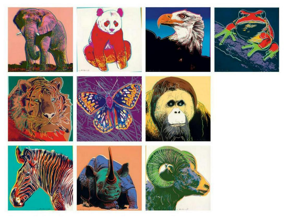 Andy Warhol, Endangered Species Portfolio, 1983: Siberian Tiger, Pine Barrens Tree Frog, Bighorn Ram, Giant Panda, San Francisco Silver-spot, Black Rhinoceros, African Elephant, Orangutan, Bald Eagle and Gravy Zebra Year: 1983. Title: Endangered Spe