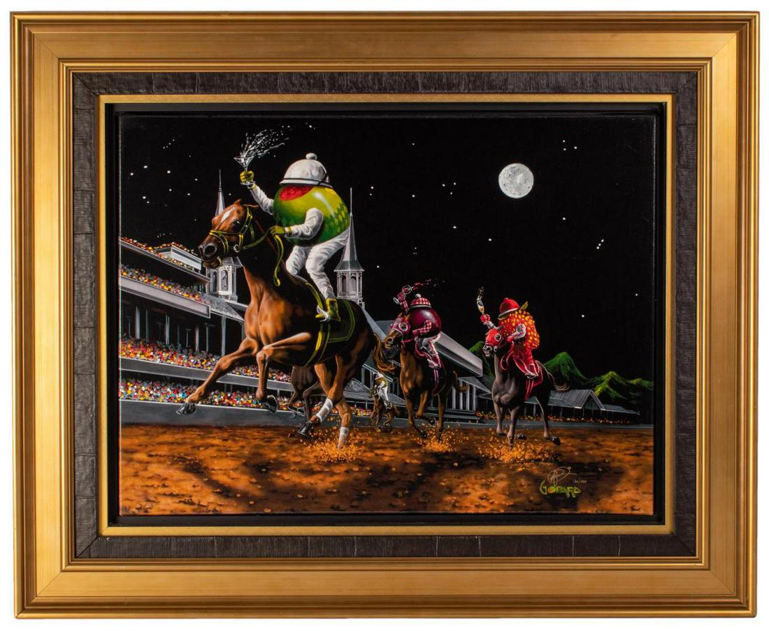 Michael Godard "DAILY DOUBLE MOUNTAIN HIGH" Signed/#: Michael Godard (American, born 1958). Abstract Limited Edition giclee on canvas. Titled, "DAILY DOUBLE MOUNTAIN HIGH," depicting Pop Art olives in jockey costumes, racing horses. Number, 180/450. Arti
