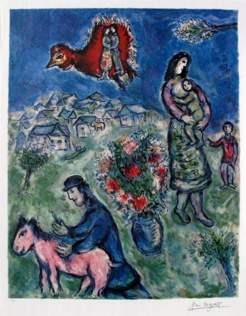 MARC CHAGALL SUR LA ROUTE DU VILLAGE LIMITED ED: Marc Chagall Lithograph Titled "sur La Route Du Village". This Is Facsimile Signed And Pencil Numbered From A Limited Edition Of 500. Image Measures 28½" X 22¾" On 33¼" X 24½" Paper.