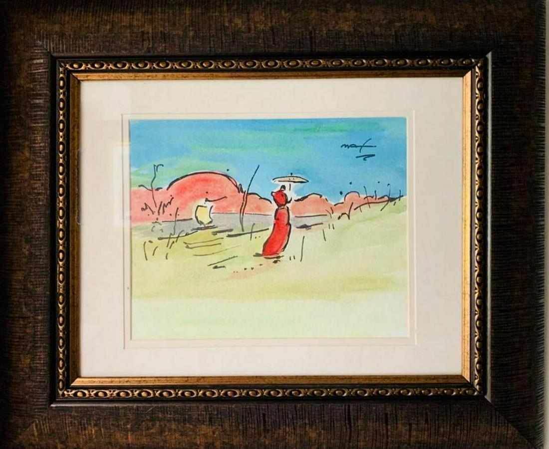 PETER MAX WATERCOLOR FRAMED WITH DRAWING ON VERSO (1 of 1)
