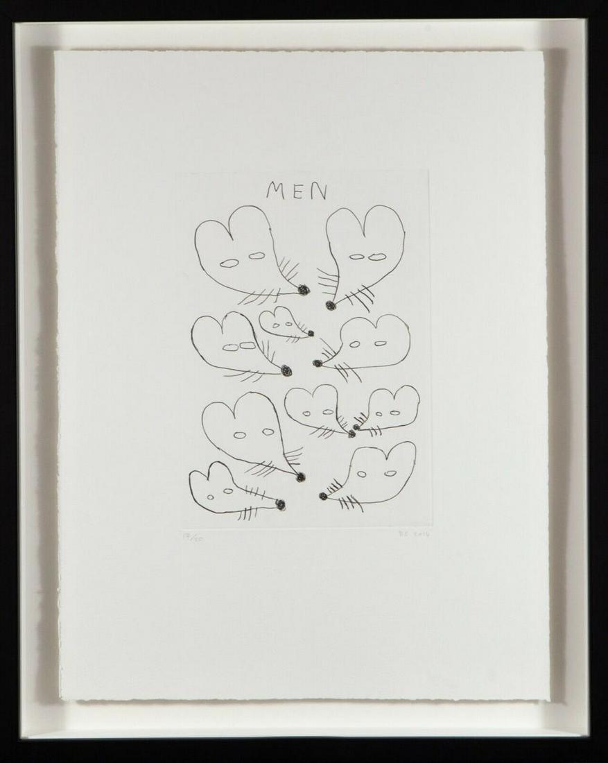 David Shrigley "Men" Etching Signed Ed. 17/20 Framed: . David Shrigley . MEN . Etching . 39 x 29 cm . Framed 44.5 x 36cm. . Edition 17/20 . Float framed conservation style in matt black moulding. . pencil signed and numbered by the artist.