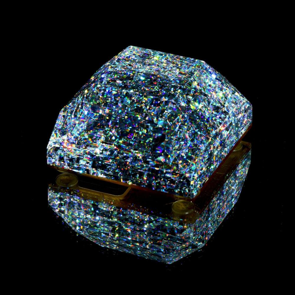 Jon Kuhn, "2009 Crushed Diamond" Paperweight original: Basic Information: Made in Kernersville, NC Completion date - 2009 Dimensions - Approx. 2 3/8” edges, 1 3/8" tall overall Condition - New/Pristine: the lines you see in the back aren't any crack or