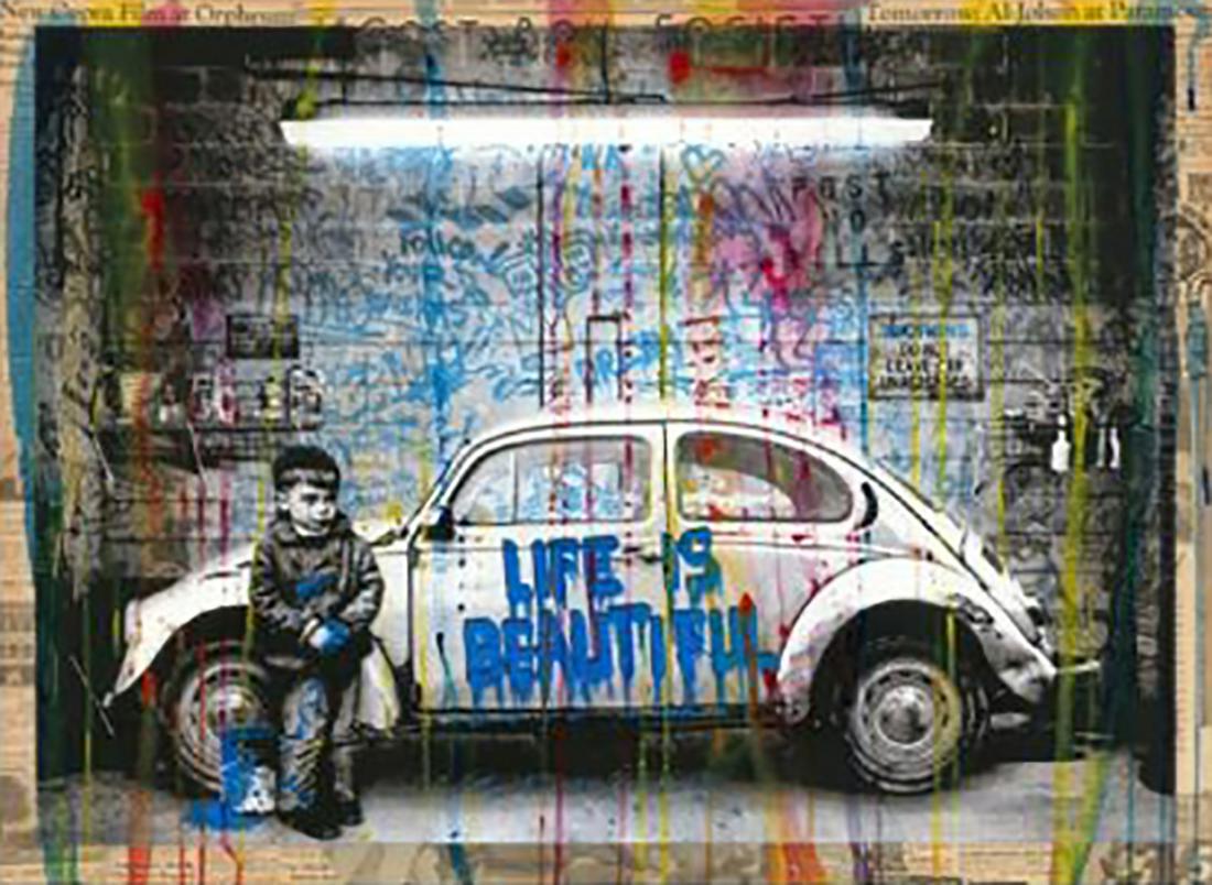 Mr. Brainwash "New paint Job -2020" Original mixed: Artist: Mr. Brainwash (Thierry Guetta - 1966) Title: New paint Job ( Life is Beautiful) Signed: Yes, Hand signed lower left and hand signed, Dated with drawing and thumb print on the verso. Year: 2020