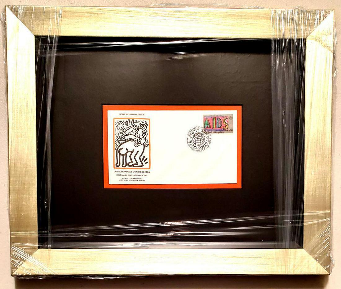 KEITH HARING, ORIGINAL FIRST DAY COVER 1990, FRAMED: KEITH HARING "FIGHT AIDS WORLDWIDE" FIRST DAY CANCELLATION MARCH 15,1990 PRISTINE CONDITIONWhite Knight Auction, Inc. / LFA is not responsible for any errors or omissions to any lots. All sales are fi
