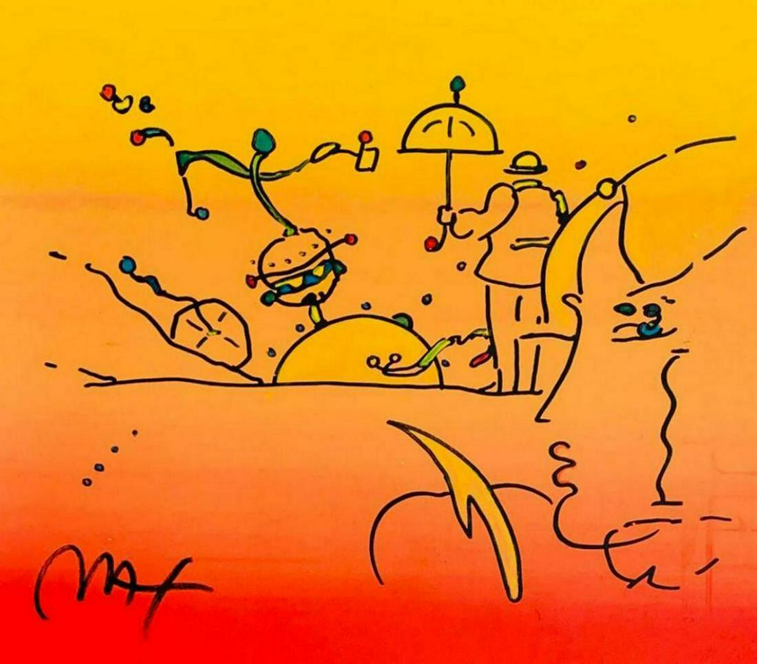 PETER MAX UMBRELLA MAN, WATERCOLOR & INK: PETER MAX UMBRELLA MAN WATERCOLOR & INK. PAPER SIZE: 12X14 INCHES. Bio: One of the most famous of all living artist's, Peter Max Finkelstein is also a pop culture icon. His use of bold colors, uplifti