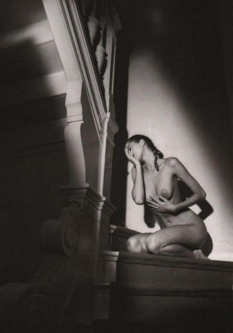 Jeanloup Sieff, Nude on stairs Paris 1987: Photographer: Jeanloup Sieff (French, 1933 - 2000) - French photographer critically acclaimed for his portraits, landscapes, nude studies and fashion imagery. He often made use of a wide angle lens, i