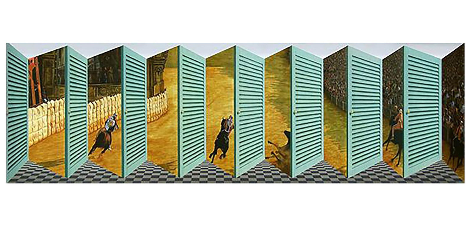 Patrick Hughes Palio Perspective, 2001, Oil on Board: Patrick Hughes Palio Perspective, 2001 Signed and dated lower right, signed, titled, and dated verso oil on board construction Images size: 25 x 82 x 7 in. (63.5 x 208.2 x 17.8 cm.) Frame: 32.5" h x 8