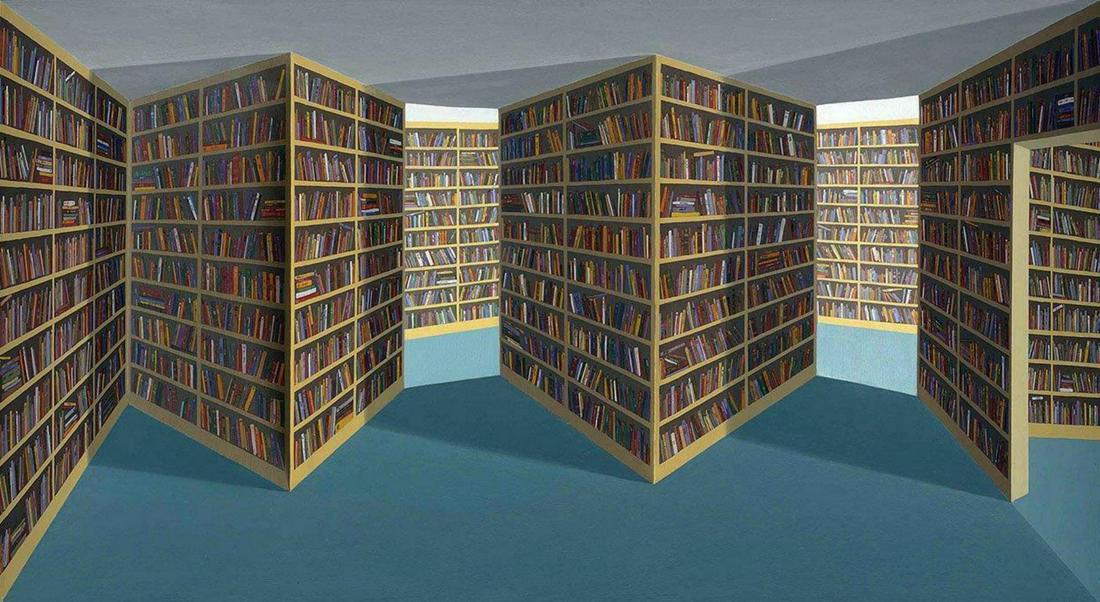 Patrick Hughes (b. 1939) Fiction Section, 1994 oil on: Patrick Hughes (b. 1939) Fiction Section, 1994, 3 D Picture signed, inscribed and dated "Fiction Section" Patrick Hughes/1994' (on the reverse) (on the backboard) oil on board construction Paper size: