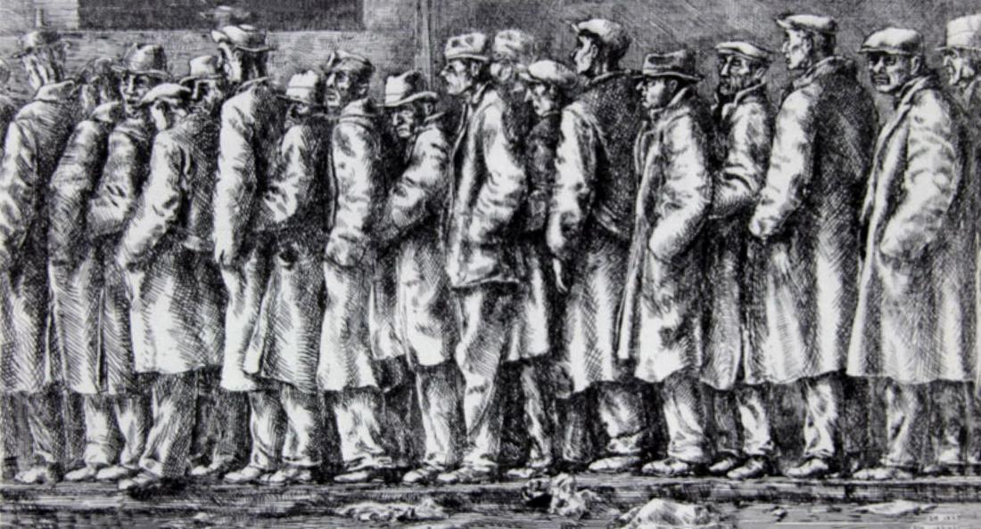 Reginald Marsh, Bread Line, Lithograph, 1930s: Artist: Reginald Marsh Title: Bread Line Date Of Negative: 1930s Type Of Print: Vintage Photogravure/Lithograph, Printed from the original plate Date Of Print: 1939 (82 years old print) Paper: Medium