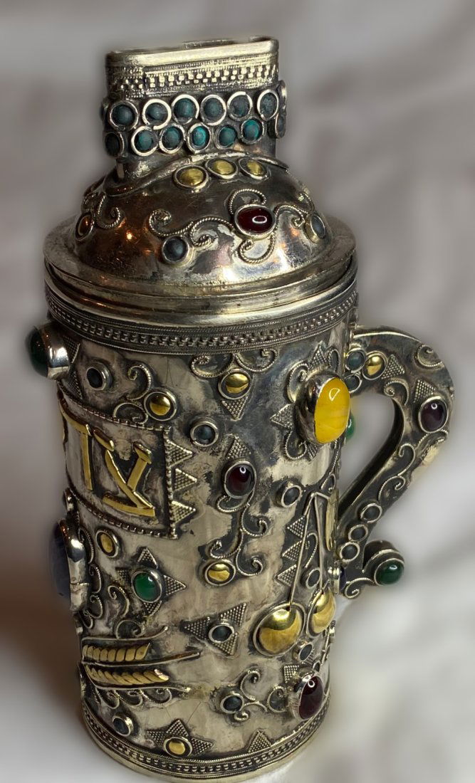 JUDAICA, TZEDAKA BOX, Persian Mixed silver with agate stones (1 of 4)