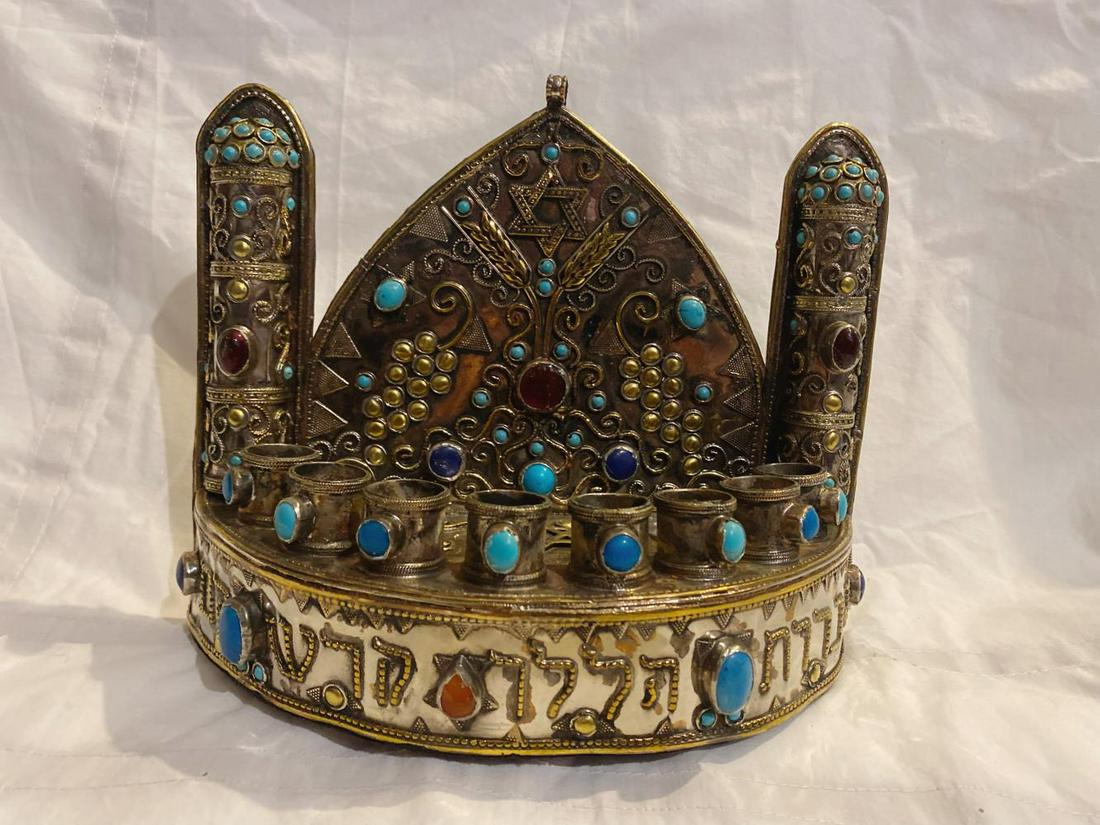 JUDAICA, MENORAH, Persian Mixed silver with agate stones (1 of 2)