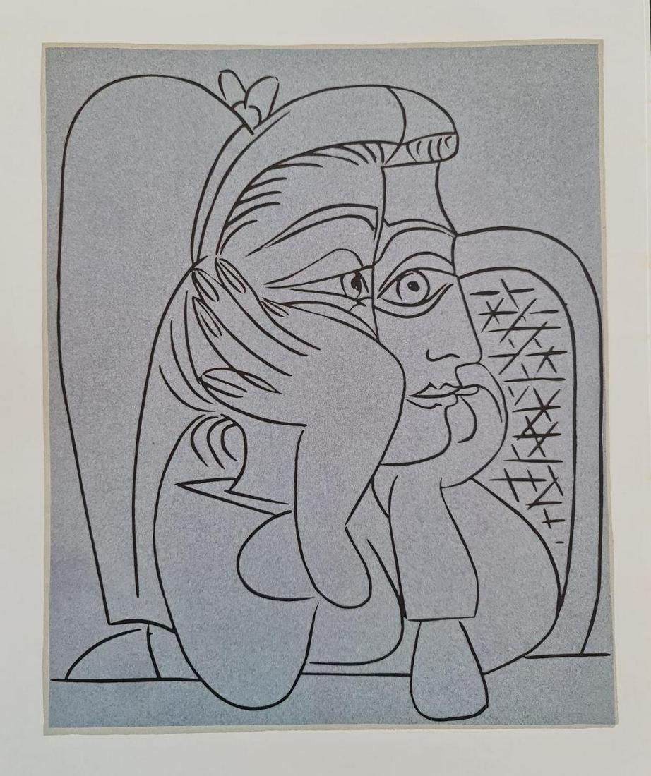Pablo Picasso (After), "Femme Accoud?e - 1962" Original: Pablo Picasso "Femme Accoudee" Original Linocut After Pablo Picasso Year: 1962 Publisher: Abrams, Inc. Year ptinted: 1988 Approx. Size include margins: 15" x 11" At the age of 78, Picasso took the lin