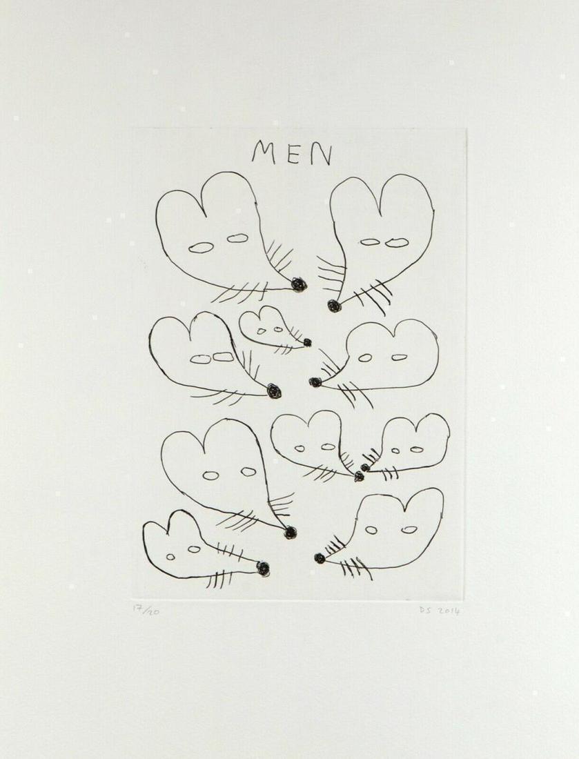 David Shrigley "Men" Etching Signed Ed. 17/20 Framed: . David Shrigley . MEN . Etching . 39 x 29 cm . Framed 44.5 x 36cm. . Edition 17/20 . Float framed conservation style in matt black moulding. . pencil signed and numbered by the artist.