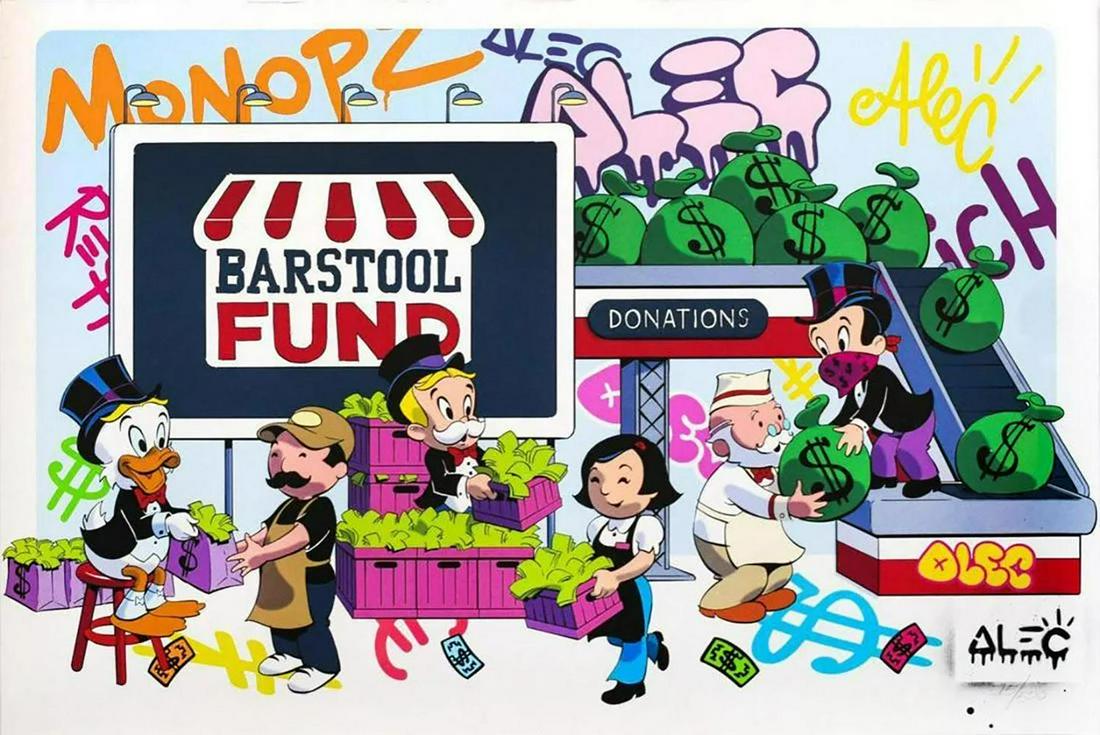 Alec Monopoly "Monopz Saves Small Biz" Limited Ed. Serigraph: Artist: Alec Monopoly Medium: Silkscreen on Paper Title: "Monopz Saves Small Biz" Year; 2021 Size (Unframed): 24" x 36" Signed/Numbered: Stencil stamp signed and pencil numbered by the artist Edition: