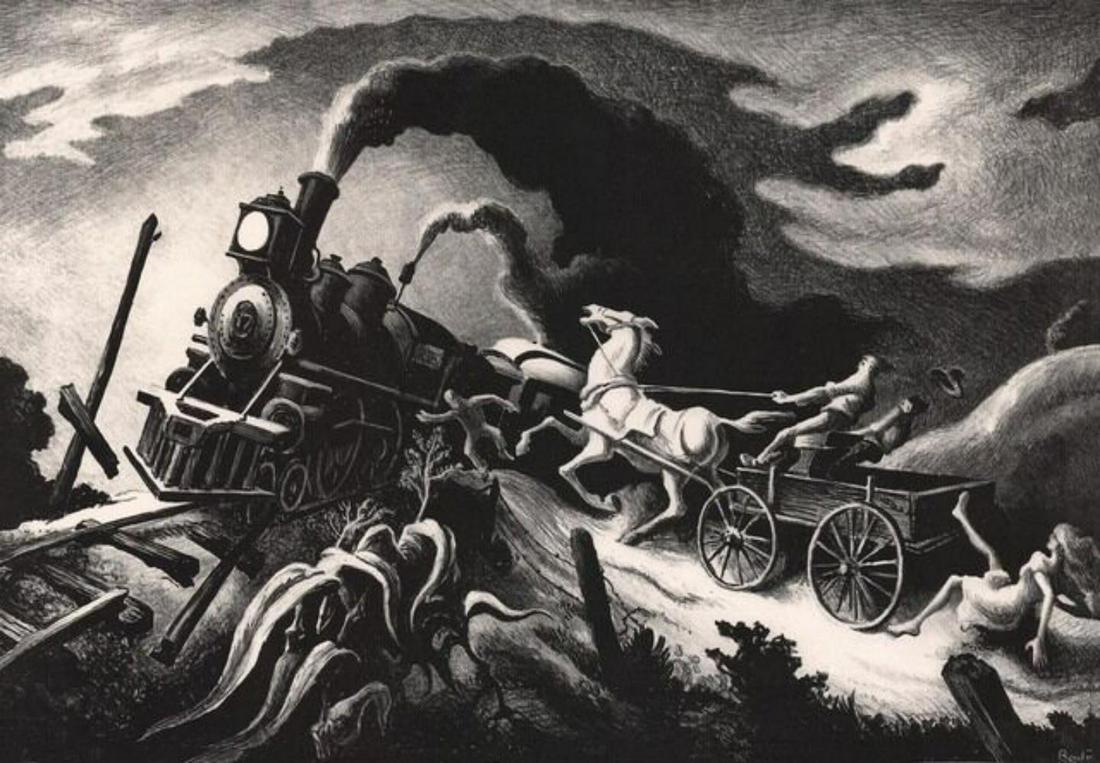 Thomas Hart Benton, Wreck of the Ol’ 97, 1944: Artist: Thomas Hart Benton (1889-1975) was an American painter and muralist. Along with Grant Wood and John Steuart Curry, he was at the forefront of the Regionalist art movement. The fluid, sculpted