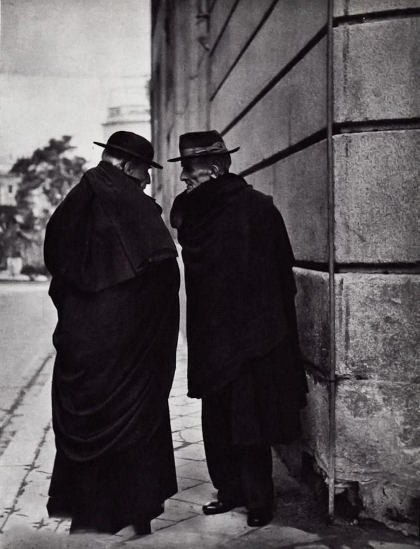Brassai, Mysterious Talking Men, 1952: Photographer: Brassai (pseudonym of Gyula Halsz, 1899 - 1984) - historically important Hungarian photographer, sculptor and filmmaker who rose to fame in France. Title: Mysterious Talking Men Date Of