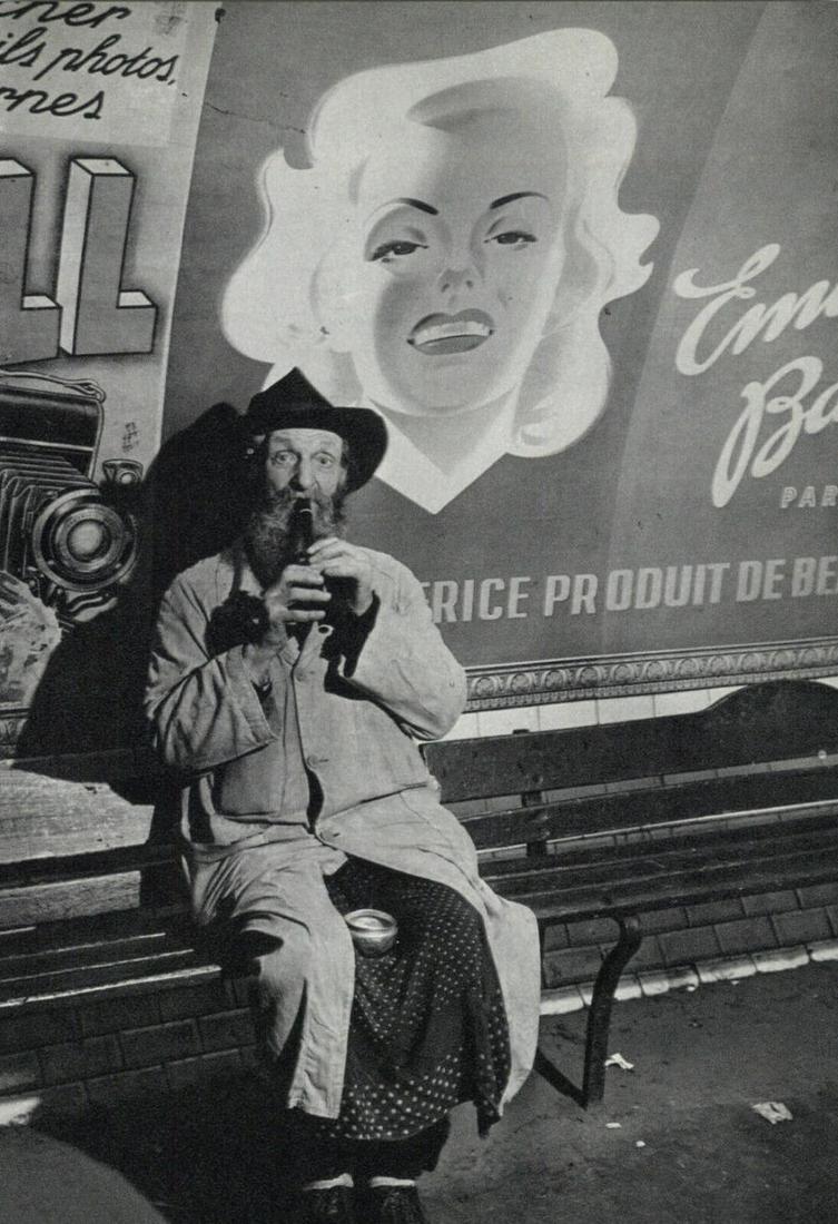 Brassai, Pere La Flute In The Metro Paris, 1938: Photographer: Brassai (pseudonym of Gyula Halász, 1899 – 1984) - historically important Hungarian photographer, sculptor and filmmaker who rose to fame in France. Title: Pere La Flute In The Metro