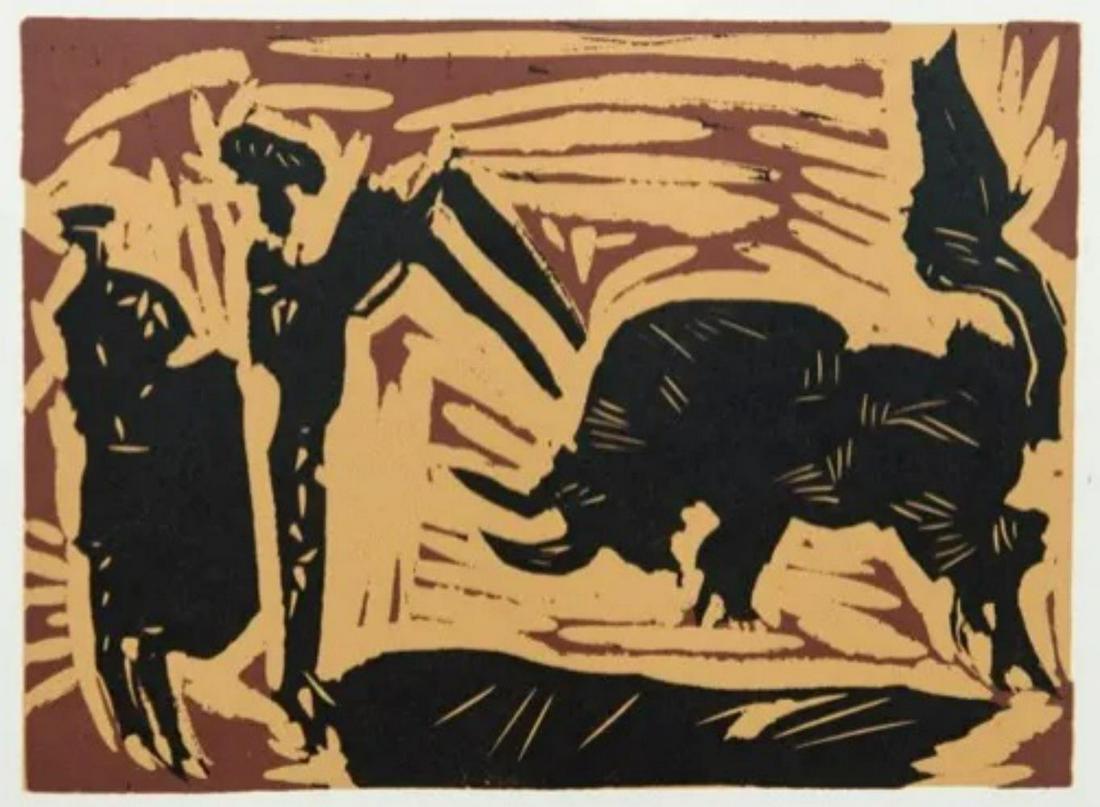 Pablo Picasso, Banderilles - 1959, Linocut: Artist: Pablo Picasso (After) Title: Banderilles Medium: Original Linocut After Pablo Picasso Year of print: 1959 Publisher: Abrams, Inc. Year painted: 1988 Approx. Size includes margins: 15" x 11" At
