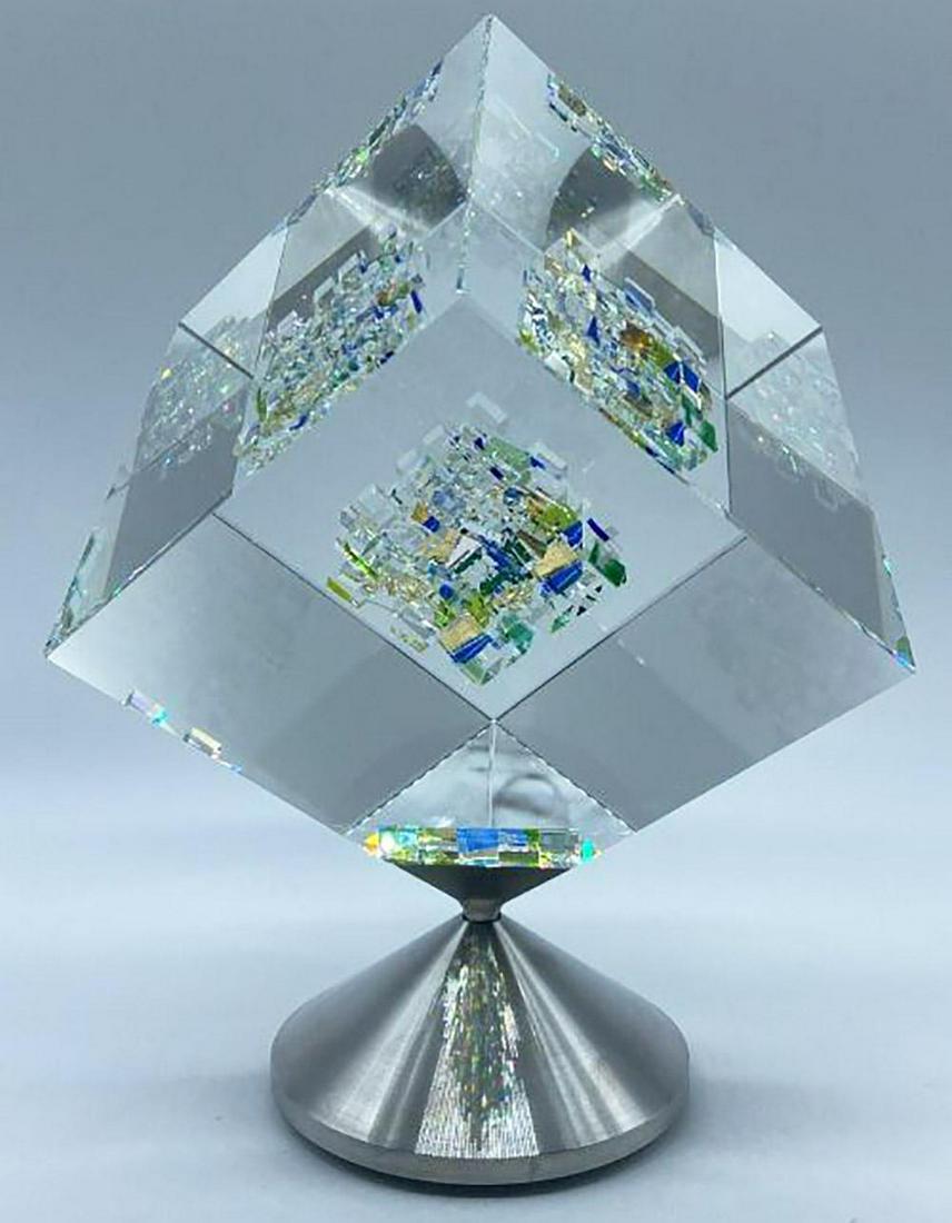 Jon Kuhn, Amber Morning - 2022 Glass Art Cube Sculpture, rotating base (1 of 4)