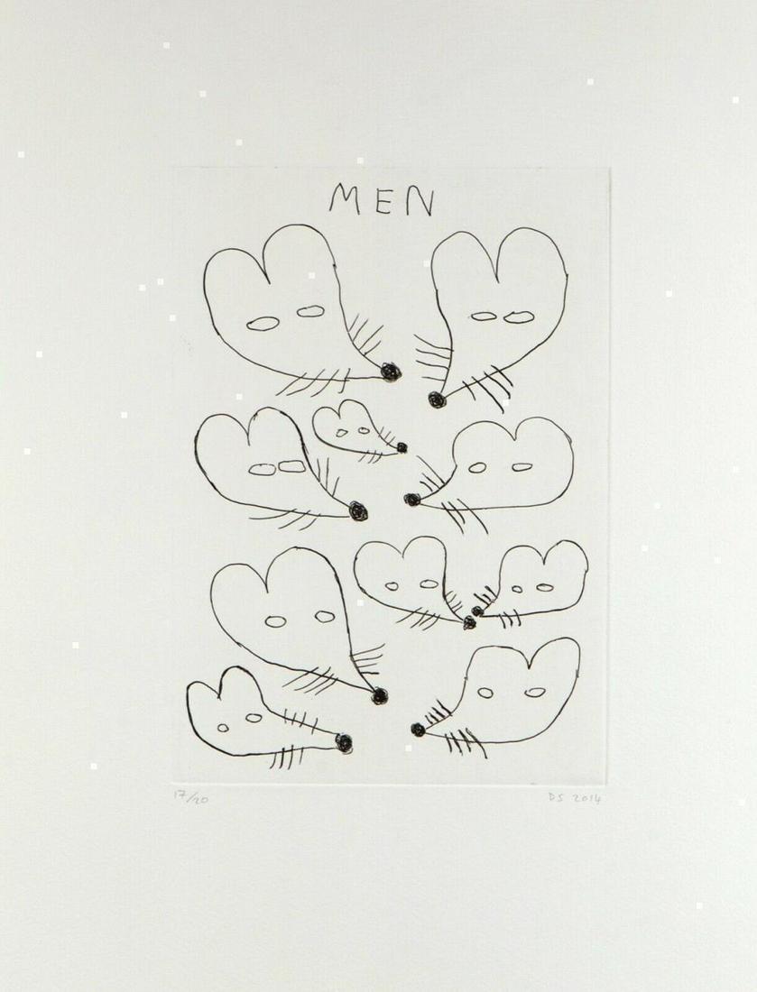 David Shrigley "Men" Etching Signed Ed. 17/20 Framed: . David Shrigley . MEN . Etching . 39 x 29 cm . Framed 44.5 x 36cm. . Edition 17/20 . Float framed conservation style in matt black moulding. . pencil signed and numbered by the artist.