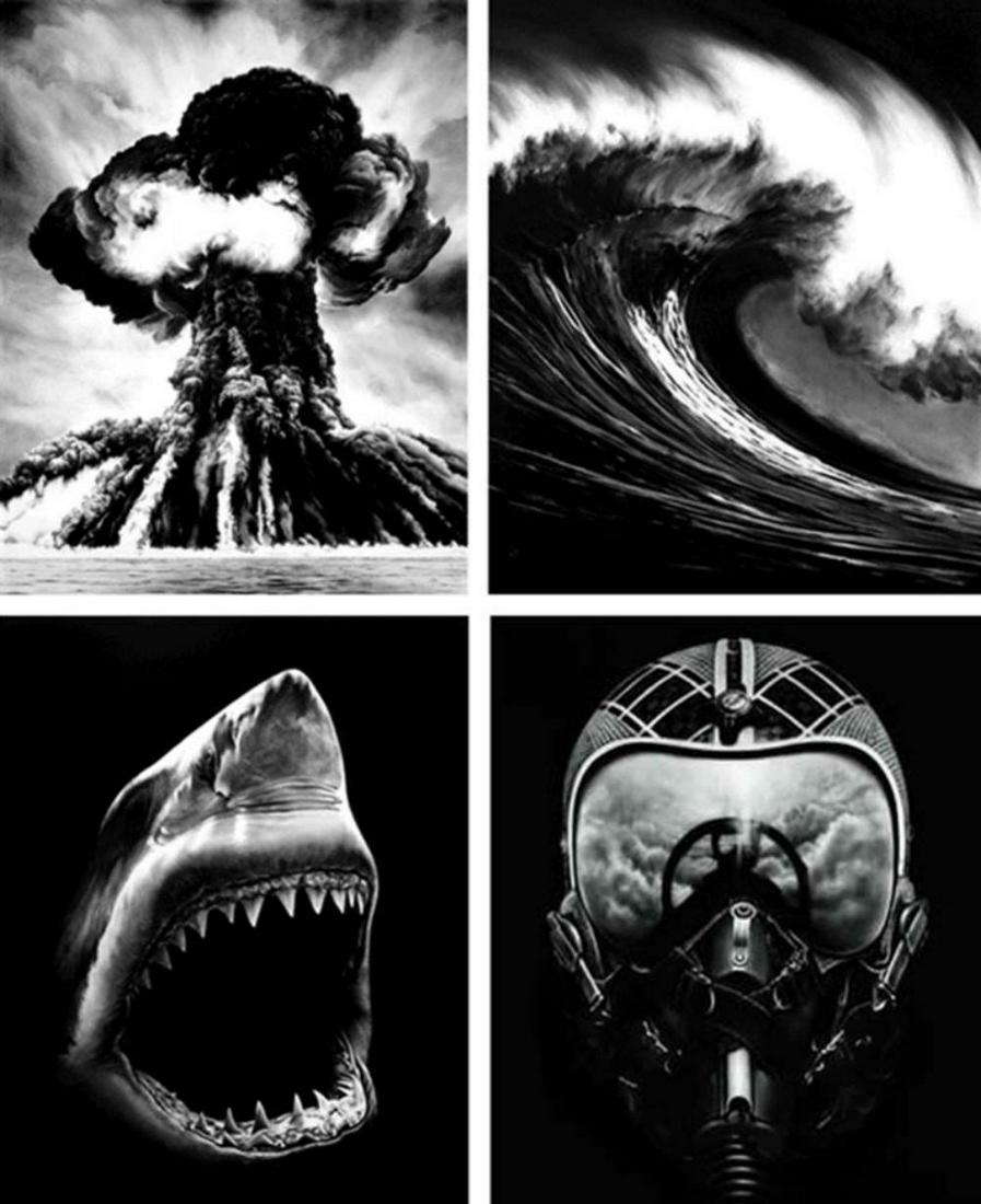 Robert Longo, Portfolio of 4 (Russian Bomb, Lion`s Gate, Shark 5, Ulysses) 2011: Russian Bomb, Lion's Gate, Shark 5, Ulysses (portfolio), 2011 Digital pigment prints on watercolour paper (set of 4) Edition of 35 Russian Bomb (Semipalatinsk): 55,5 x 40 cm (21.6 x 15.7 in.) Spanish