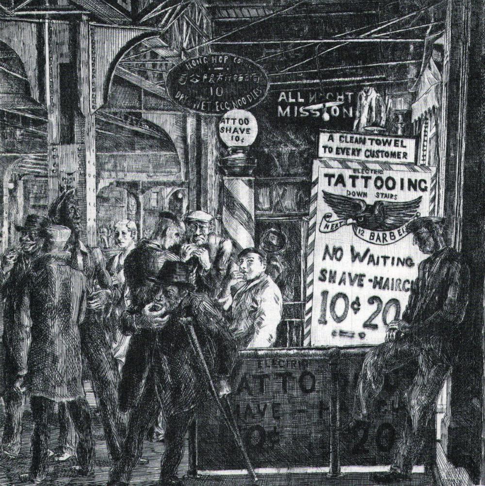 Reginald Marsh, Tattoo Haircut Shave, 1932: Artist: Reginald Marsh Title: Tattoo Haircut Shave Date Of Negative: 1932 Type Of Print: Vintage Photogravure/Lithograph, Printed from the original plate Date Of Print: 1939 (82 years old print) Paper