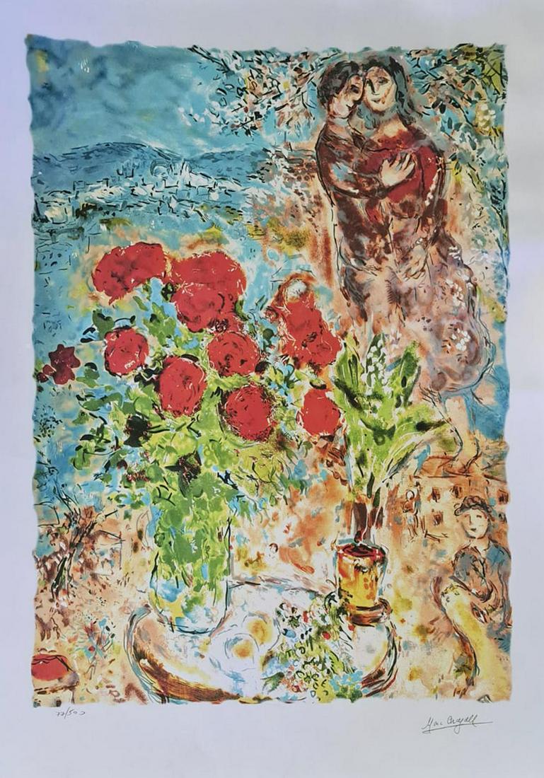 Marc Chagall (After), Red Bouquet & Lovers, Lithograph (1 of 1)