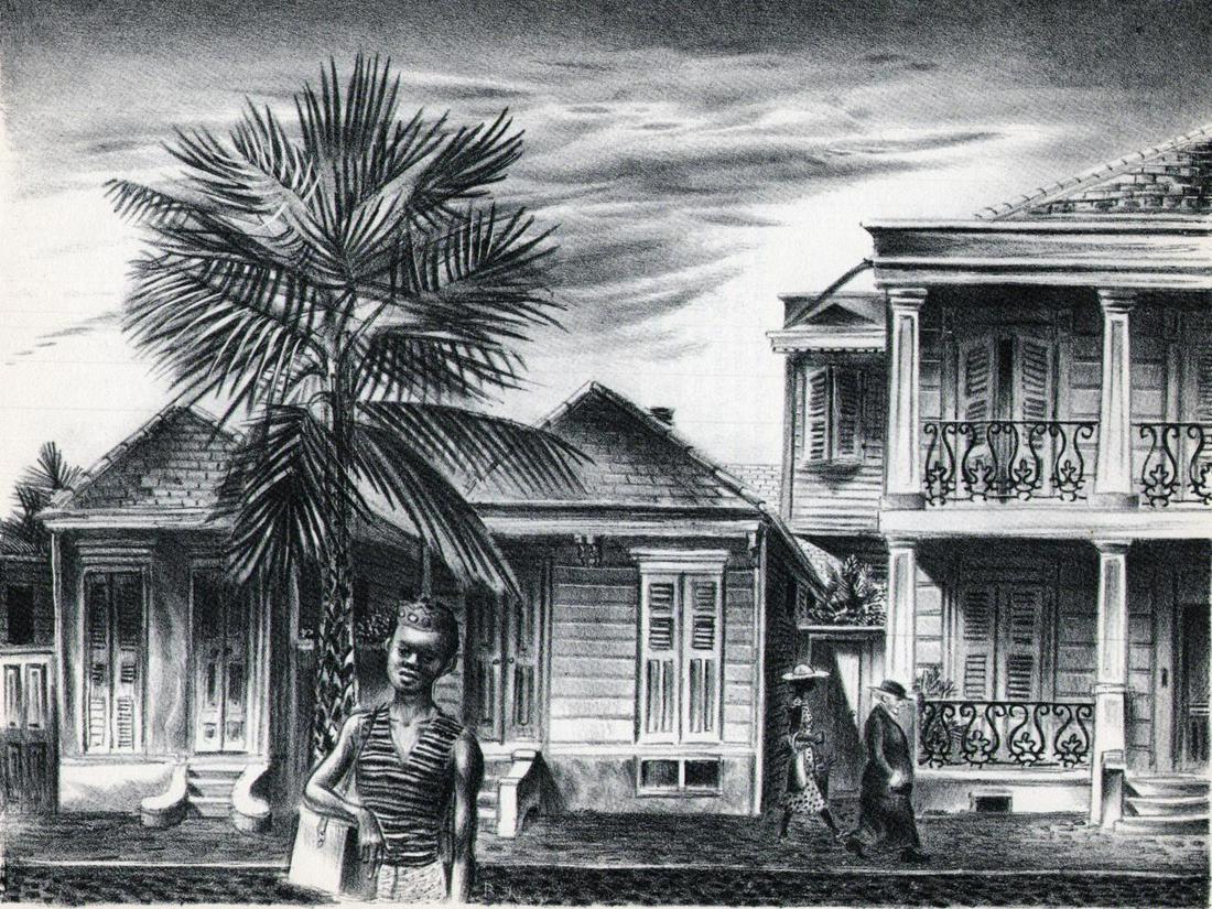 Aaron Bohrod, New Orleans Street, Lithograph - 1939: Artist: Aaron Bohrod Title: New Orleans Street Date Of Negative: 1939 Type Of Print: Vintage Photogravure/Lithograph, Printed from the original plate Date Of Print: 1939 (82 years old print) Paper: Me