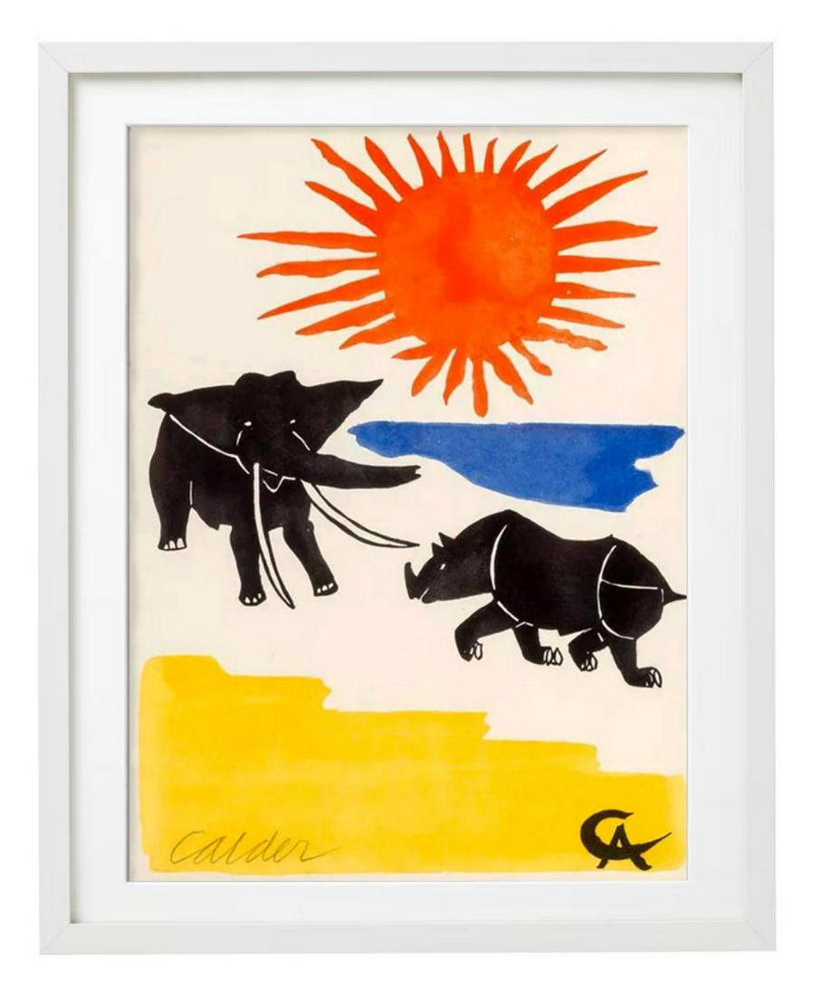 Alexander Calder 'L'elephant et le singe de Jupiter, from le 20 Fables de la fontaine, 1966': Alexander Calder L'elephant et le singe de Jupiter, from le 20 Fables de la fontaine, 1966 Lithograph in colors on Japon paper 14 3/8 × 10 1/2 in | 36.5 × 26.7 cm Signed in pencil lower left Conditi