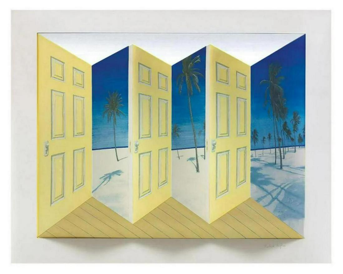 PATRICK HUGHES, Palm Door - 1998, 3D multiple, Signed & numbered: Patrick Hughes Palm Door, 1998. Hand-painted multiple with lithography. 51 x 63 x 16 cm. 20 x 24 3/4 x 8 1/4 in. Edition: 25/35 Pencil signed and numbered by the artist Comes in the original plexi box