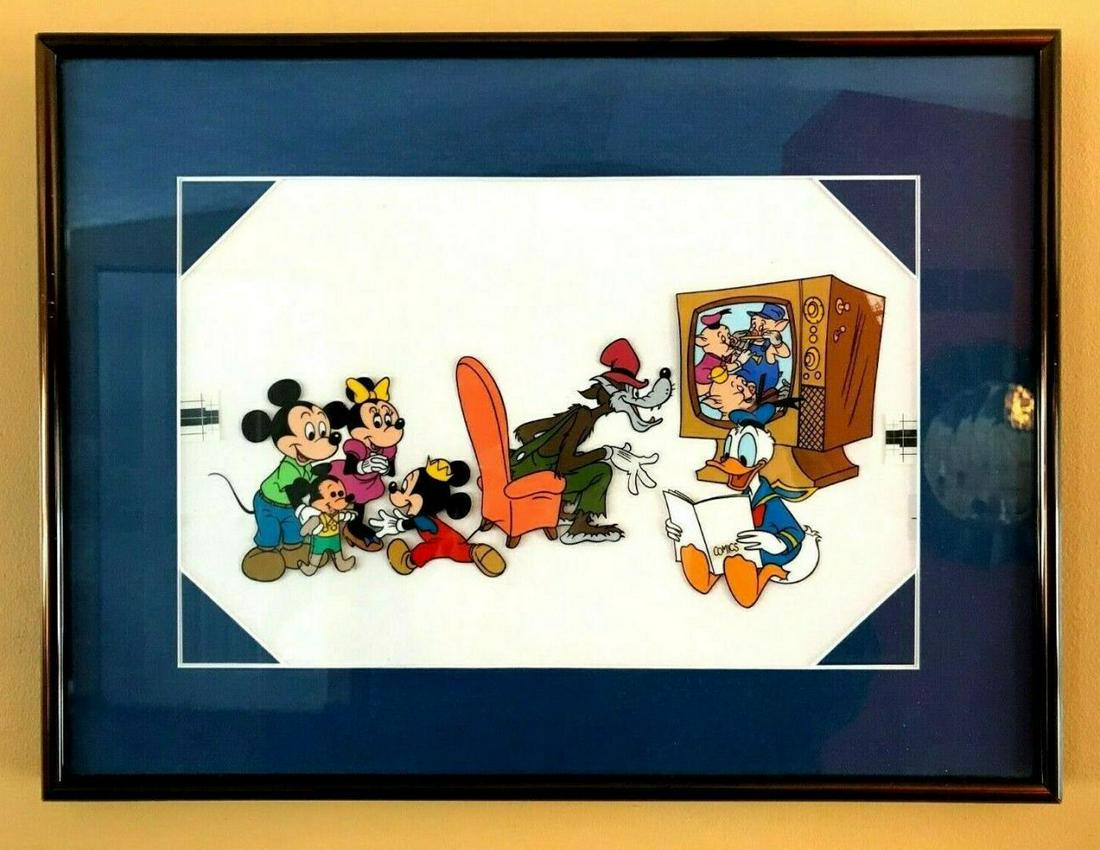 Disney Animation Art Original Production Cel Micky & Minnie -Donald -Wolf 3 Pigs: Disney Animation Art Original Production Cel Micky & Minnie Mouse - Donald Duck - Bad Wolf & The 3 Pigs Mounted in a 12" x 16" frame Condition: Excellent Comes with a Letter of authenticity and is gua