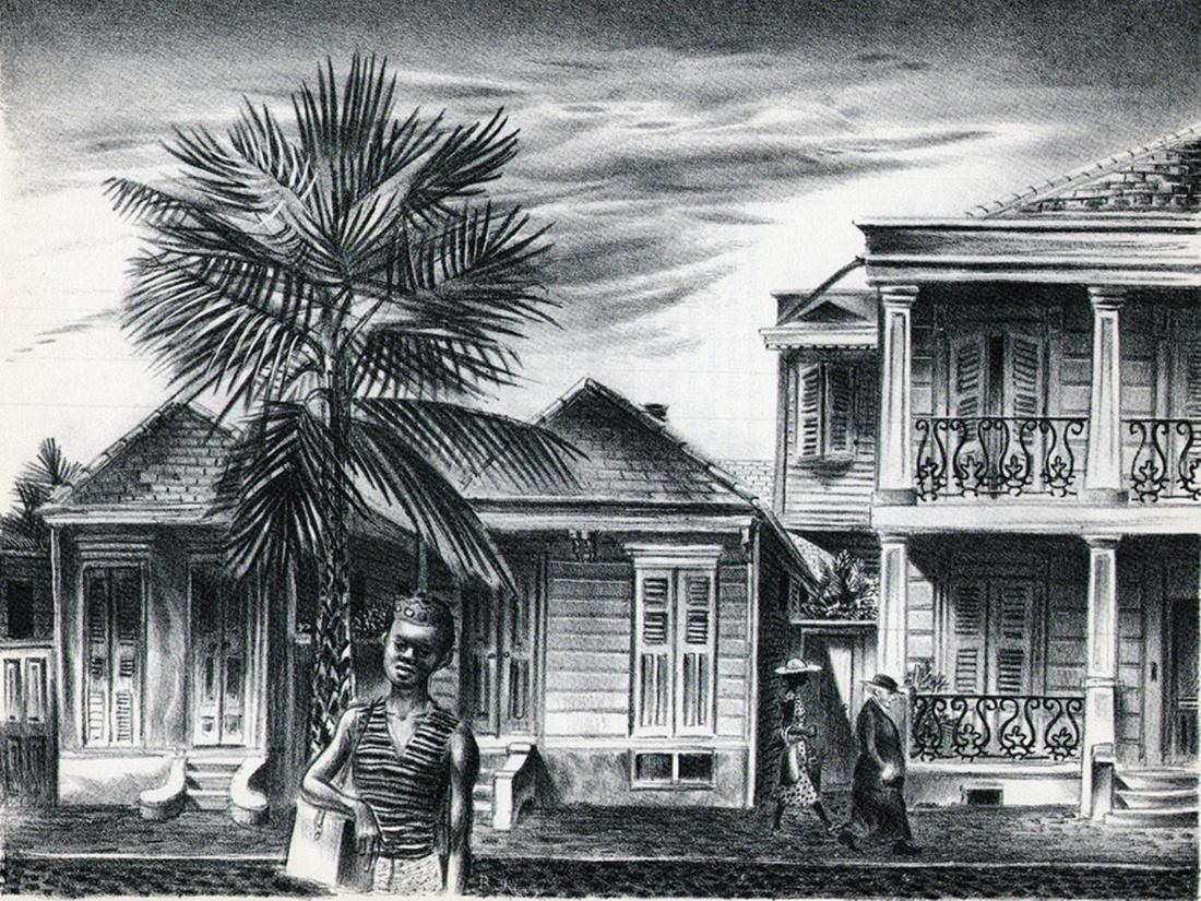 Aaron Bohrod, New Orleans Street, 1939: Artist: Aaron Bohrod Title: New Orleans Street Date Of Negative: 1939 Type Of Print: Vintage Photogravure/Lithograph, Printed from the original plate Date Of Print: 1939 (82 years old print) Paper: Me