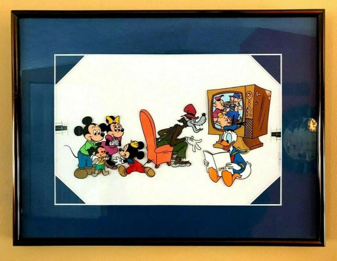 Disney Animation Art Original Production Cel Micky & Minnie -Donald -Wolf 3 Pigs: Disney Animation Art Original Production Cel Micky & Minnie Mouse - Donald Duck - Bad Wolf & The 3 Pigs Mounted in a 12" x 16" frame Condition: Excellent Comes with a Letter of authenticity and is gua