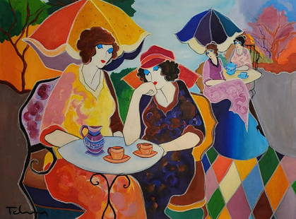 Itzchak Tarkay, Tea Time 1995, Original Mixed Media On Canvas: Artist: TARKAY, ITZCHAK Title: Tea Time - 1995 Size: 40 X 30 INCHES Medium: ORIGINAL MIX MEDIA WITH ACRYLIC ON CANVAS Edition: ORIGINAL Description: Hand signed by the artist The artwork is in