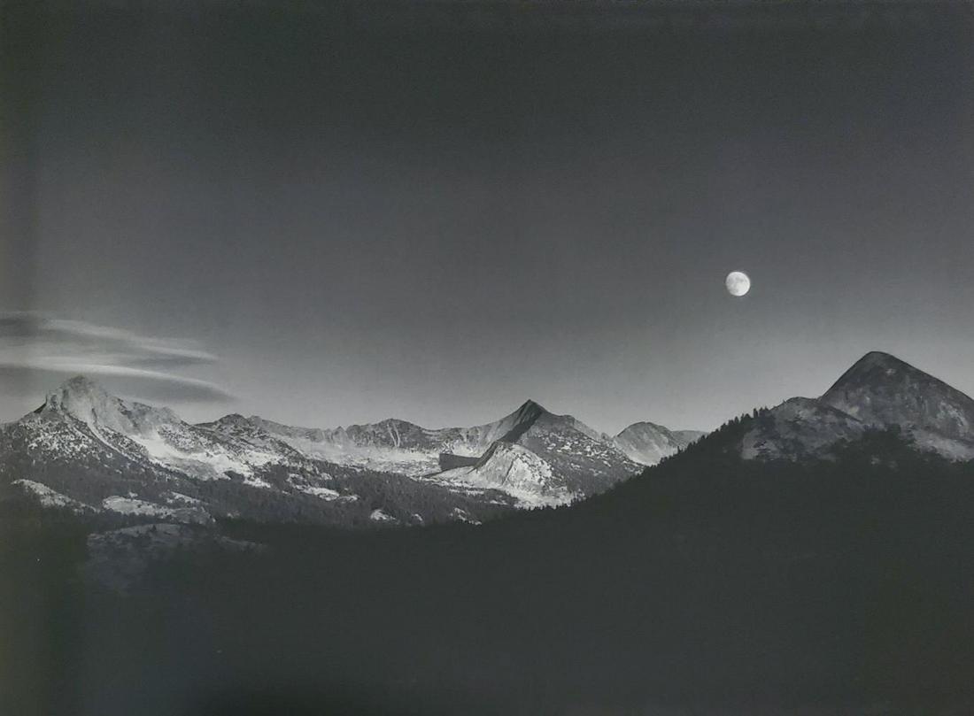 Ansel Adams, Autumn Moon, High Sierra from Glacier Point, Yosemite National Park, California, 1948: Photographer: Ansel Adams (American, 1902 - 1984) - Internationally renowned American photographer. One of the most influential artists in photographic history. Title: "Autumn Moon, High Sierra from G