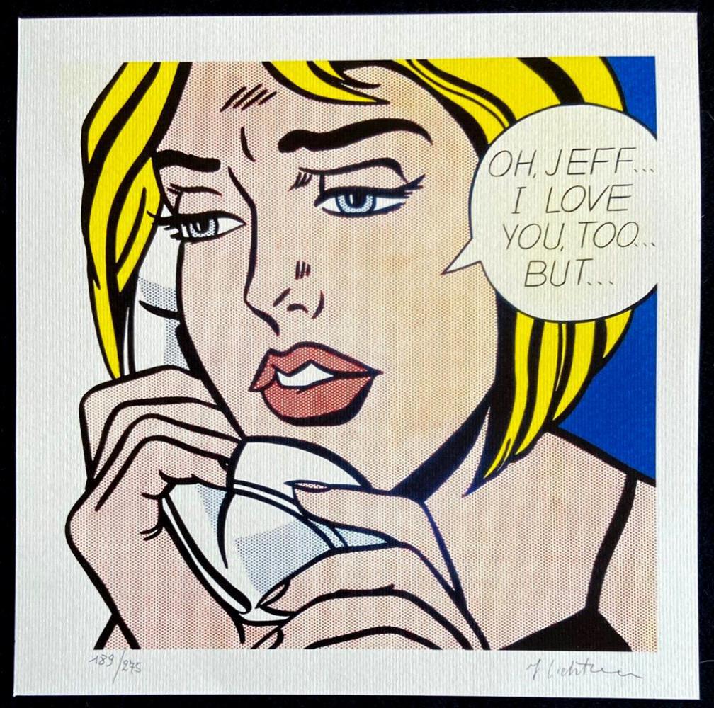 Roy Lichtenstein 'Oh, Jeff...I Love You, Too...But... - 1986' Limited Edition Lithograph: Roy Lichtenstein "Oh, Jeff...I Love You, Too...But..." Lithograph of an original work by Roy Lichtenstein, printed in 1986. 30 x 30 cm 275 hand-numbered copies The progressive number may be different